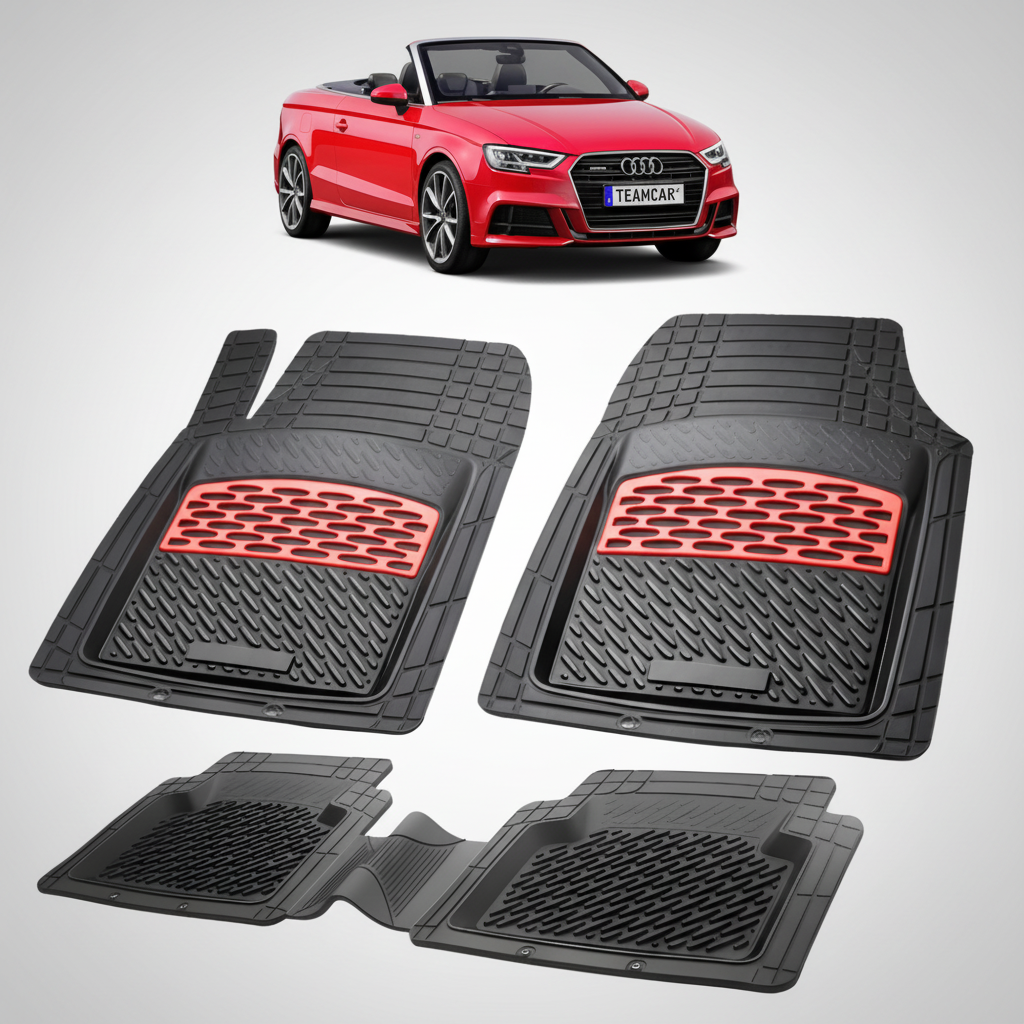 set de covorase din cauciuc negre cu accente rosii cu un audi a3 8v cabriolet rosu in fundal