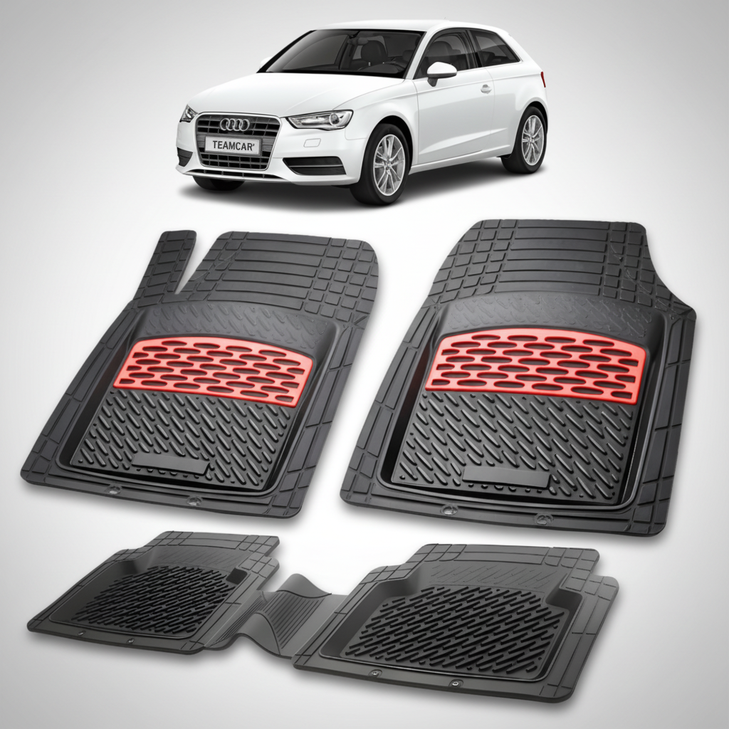 set de covorase din cauciuc negre cu accente rosii cu un audi a3 8v hatchback 3 usi alb in fundal