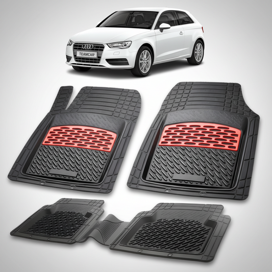set de covorase din cauciuc negre cu accente rosii cu un audi a3 8v hatchback 3 usi alb in fundal