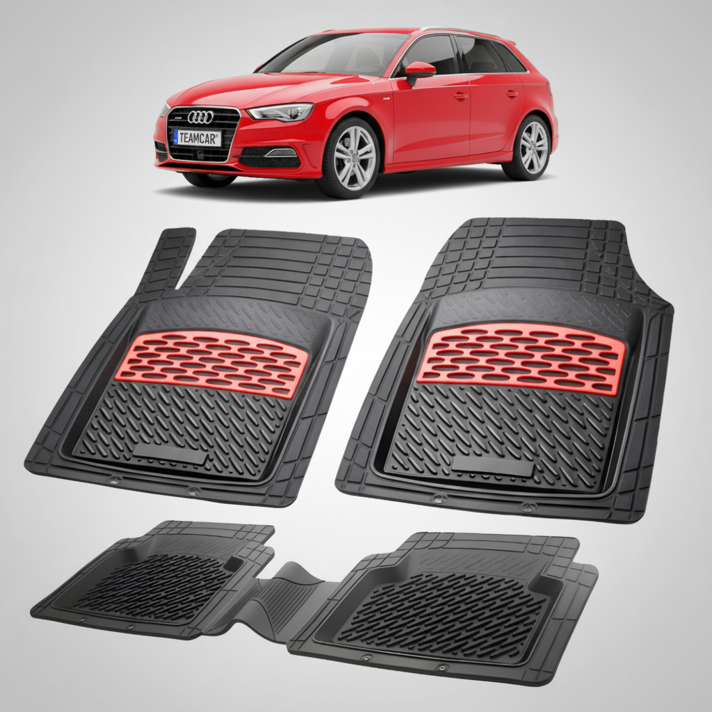 set de covorase din cauciuc negre cu accente rosii cu un audi a3 8v hatchback 5 usi rosu in fundal