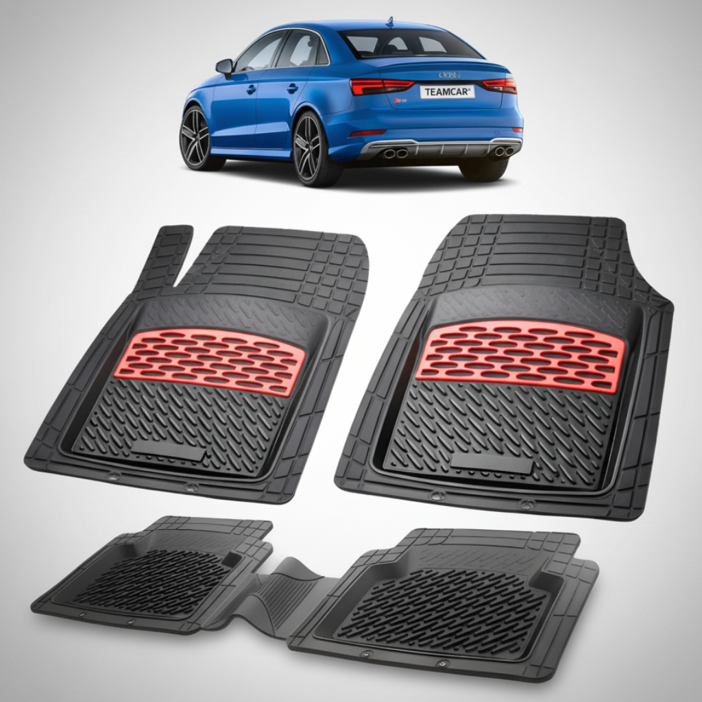 set de covorase din cauciuc negre cu accente rosii cu un audi a3 8v sedan albastru in fundal