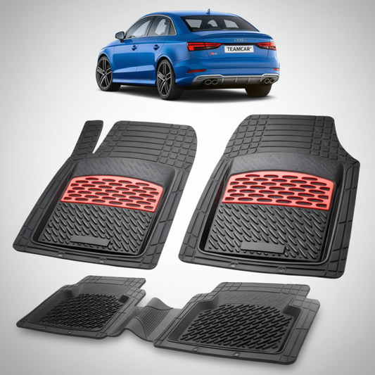 set de covorase din cauciuc negre cu accente rosii cu un audi a3 8v sedan albastru in fundal