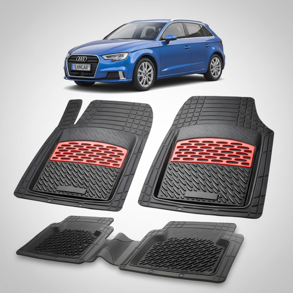 set de covorase din cauciuc negre cu accente rosii cu un audi a3 8v albastru in fundal