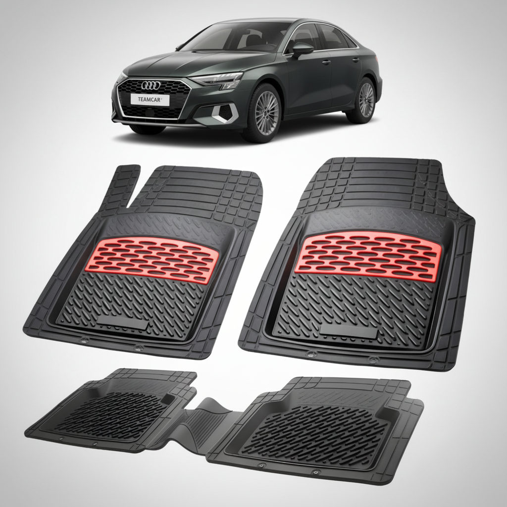 set de covorase din cauciuc negre cu accente rosii cu un audi a3 8y sedan negru in fundal