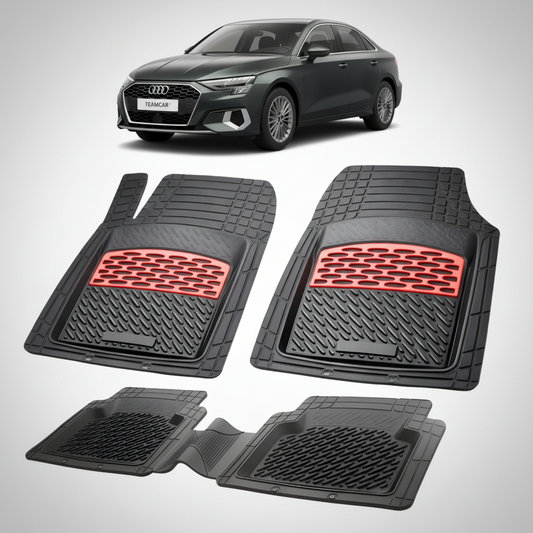 set de covorase din cauciuc negre cu accente rosii cu un audi a3 8y sedan negru in fundal