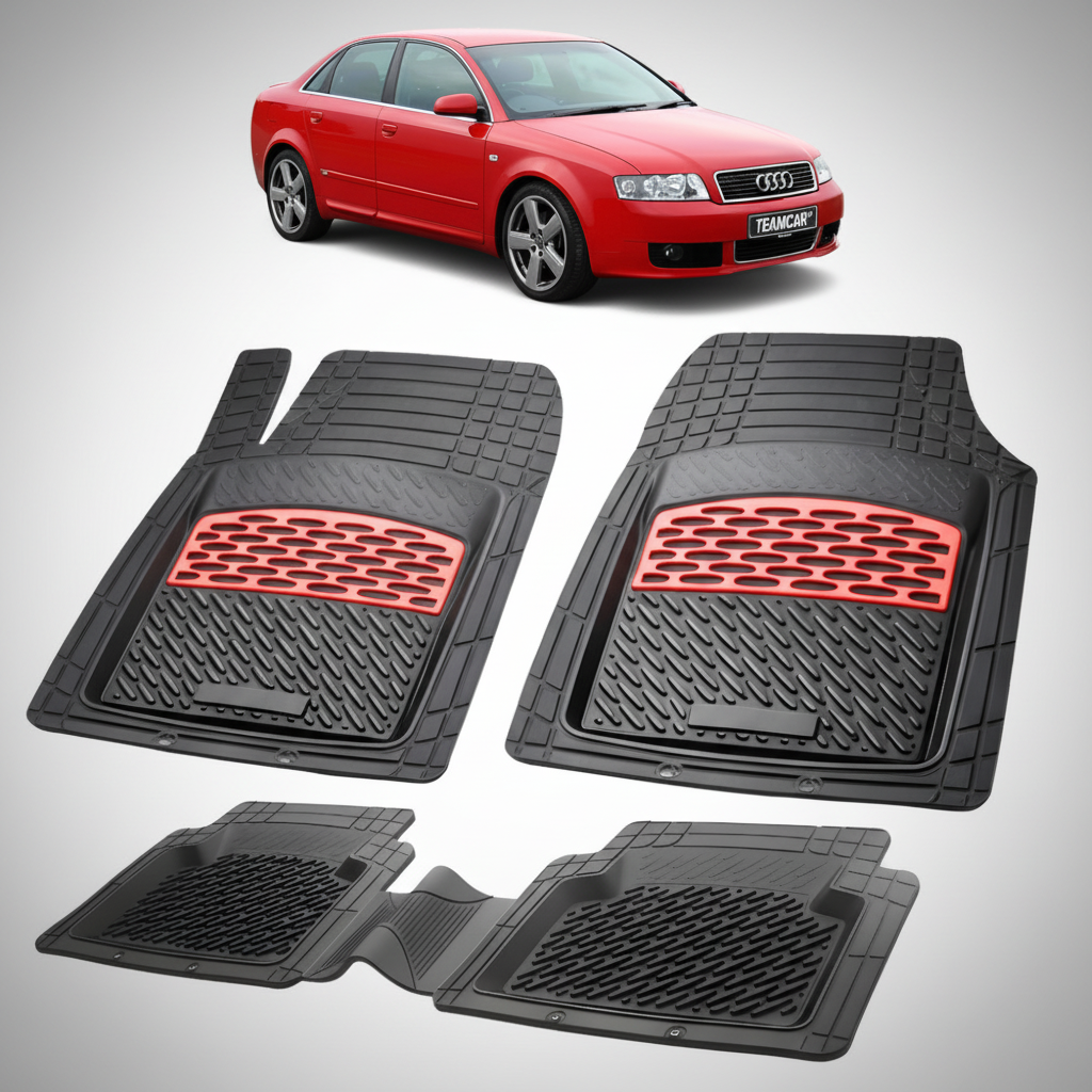 set de covorase din cauciuc negre cu accente rosii cu un audi a4 b6 sedan rosu in fundal