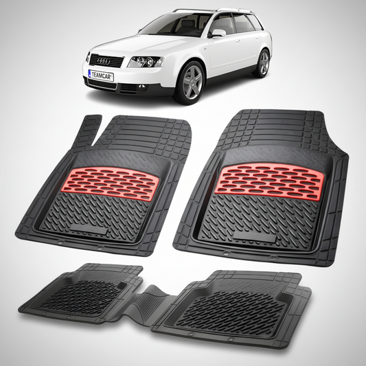 set de covorase din cauciuc negre cu accente rosii cu un audi a4 b6 variant alb in fundal