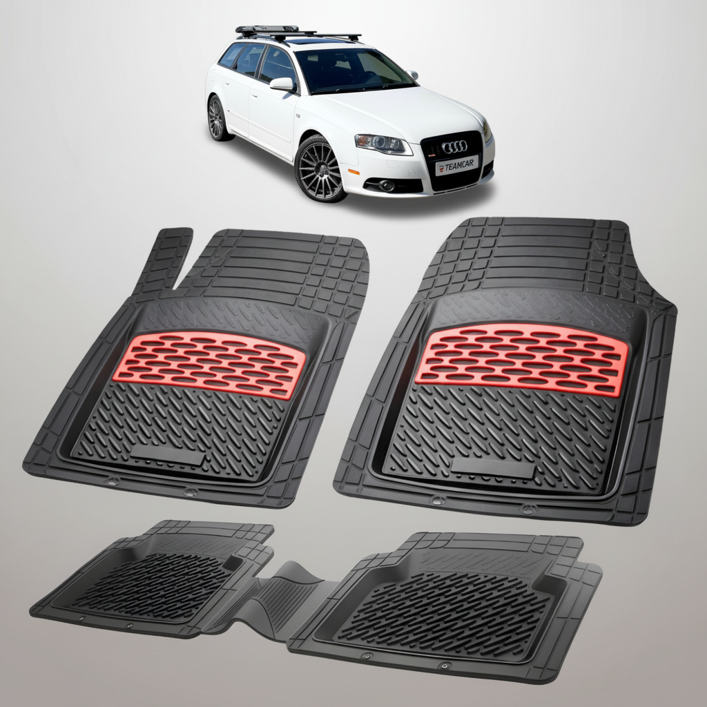 set de covorase din cauciuc negre cu accente rosii cu un audi a4 b7 avant break alb in fundal
