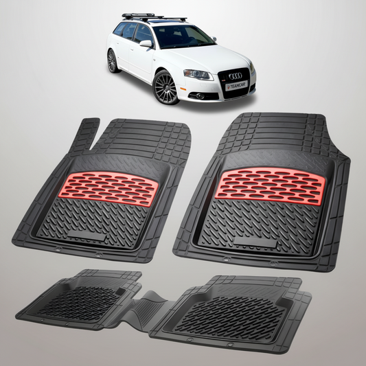 set de covorase din cauciuc negre cu accente rosii cu un audi a4 b7 avant break alb in fundal