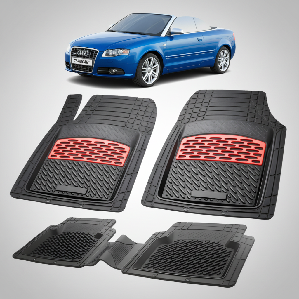 Ensemble de tapis en caoutchouc noir avec des accents rouges, avec une Audi A4 B7 cabriolet bleue en arrière-plan.