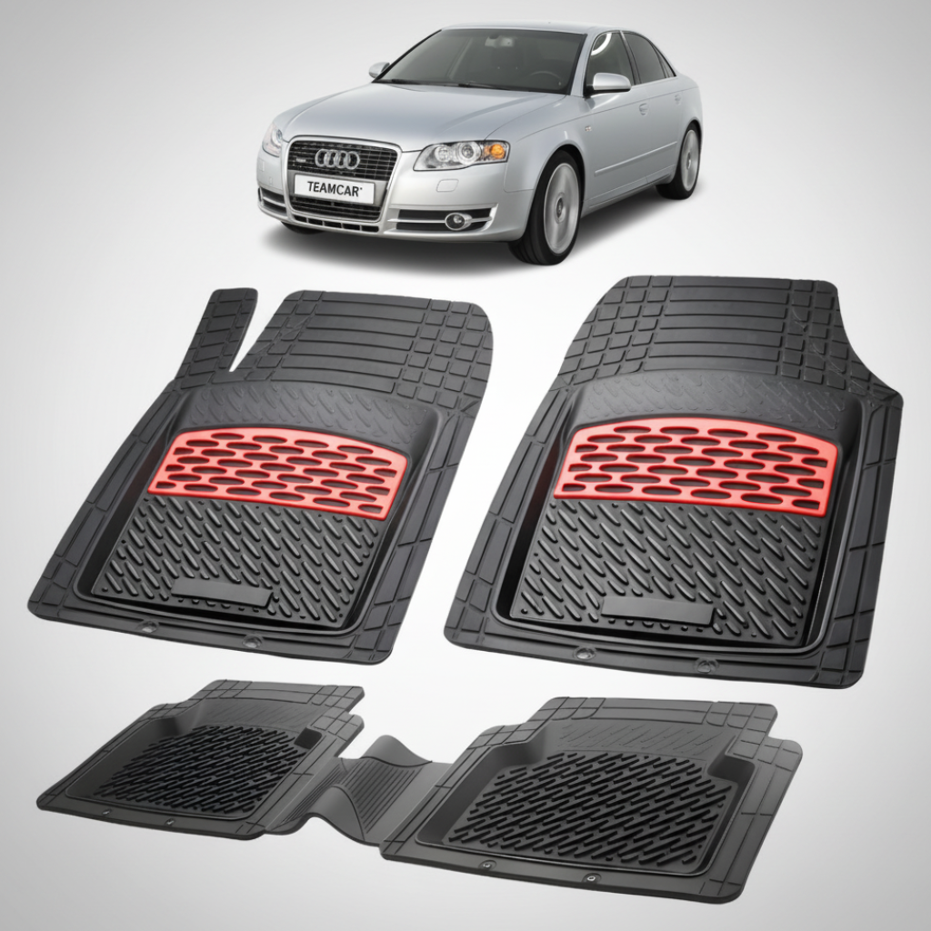 set de covorase din cauciuc negre cu accente rosii cu un audi a4 b7 sedan gri in fundal
