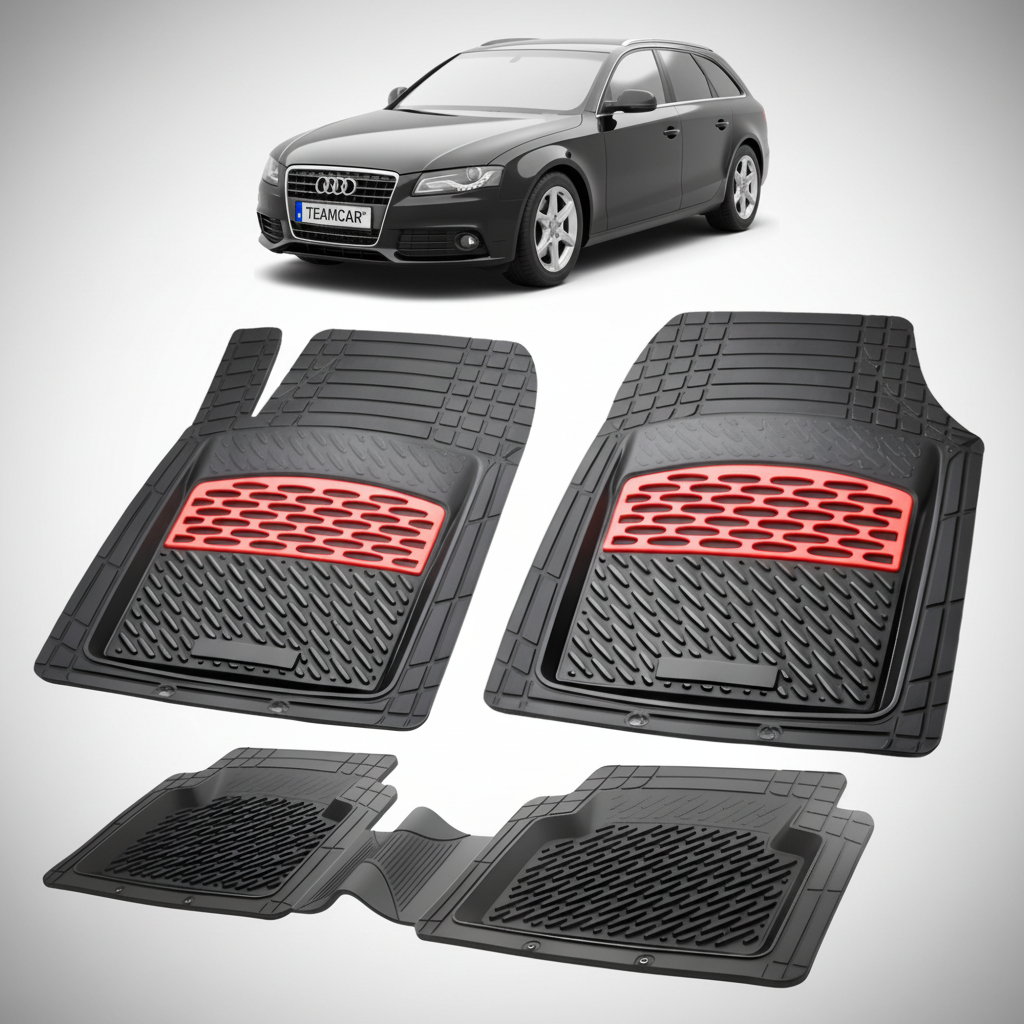 set de covorase din cauciuc negre cu accente rosii cu un audi a4 b8 avant break gri inchis in fundal