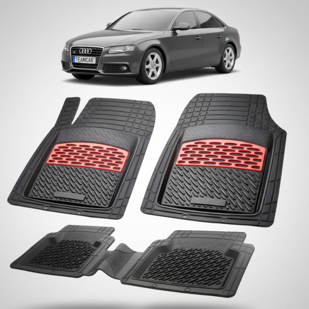 set de covorase din cauciuc negre cu accente rosii cu un audi a4 b8 sedan gri inchis in fundal