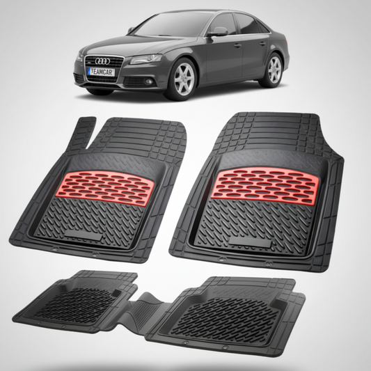 set de covorase din cauciuc negre cu accente rosii cu un audi a4 b8 sedan gri inchis in fundal