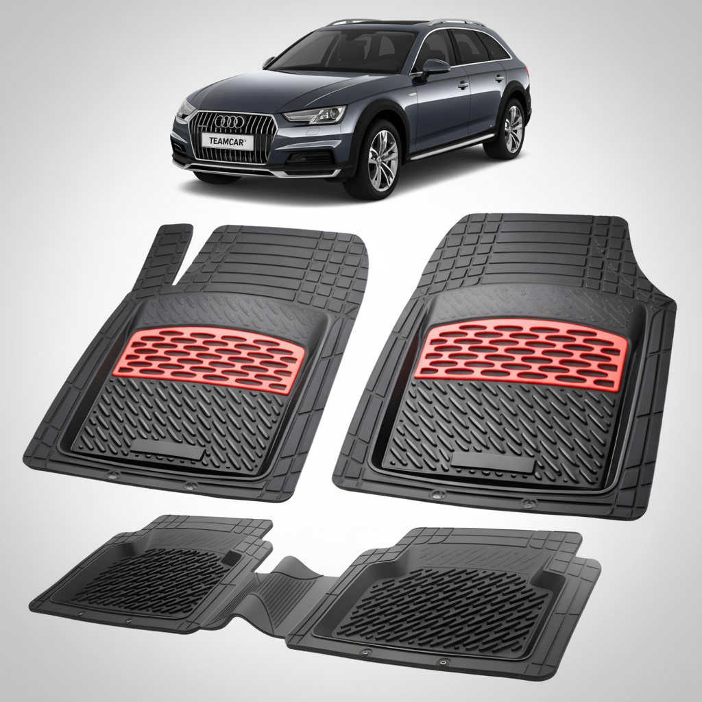 set de covorase din cauciuc negre cu accente rosii cu un audi a4 b9 allroad negru in fundal