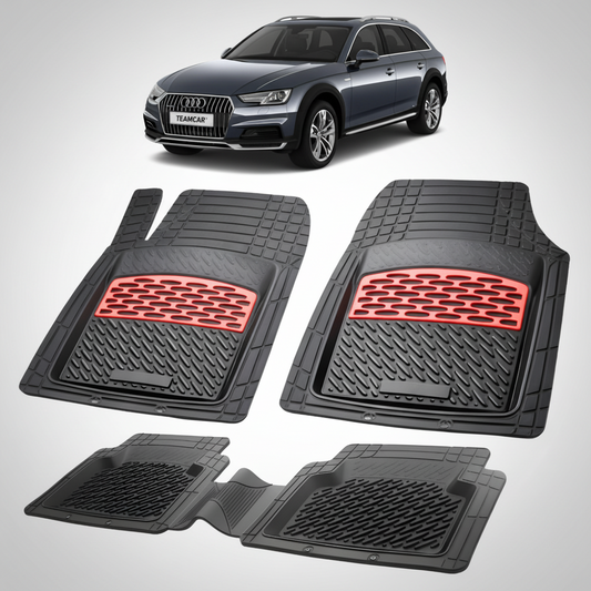 set de covorase din cauciuc negre cu accente rosii cu un audi a4 b9 allroad negru in fundal
