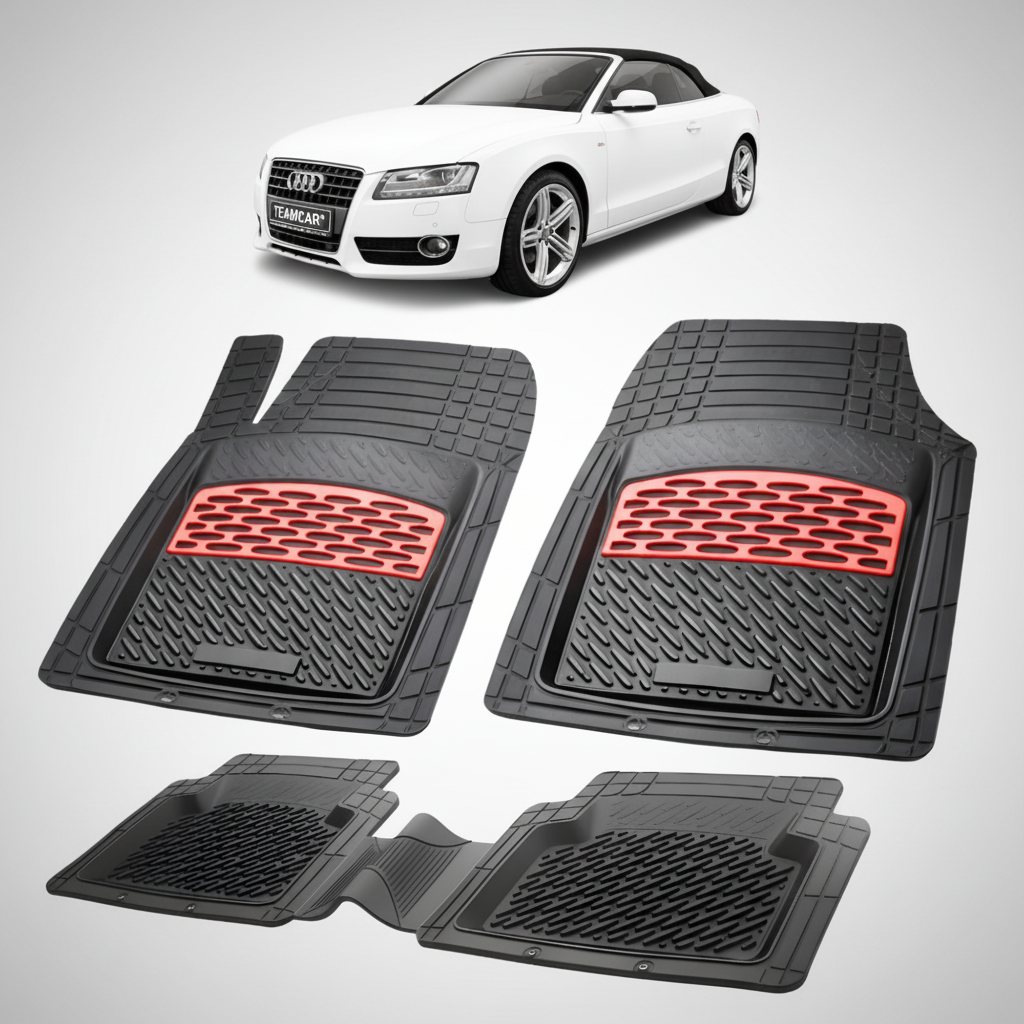set de covorase din cauciuc negre cu accente rosii cu un audi a5 8t cabriolet alb in fundal