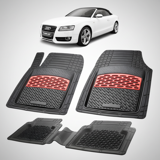 set de covorase din cauciuc negre cu accente rosii cu un audi a5 8t cabriolet alb in fundal