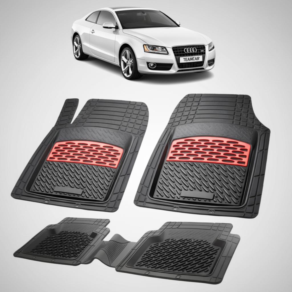 set de covorase din cauciuc negre cu accente rosii cu un audi a5 8t coupe argintiu in fundal