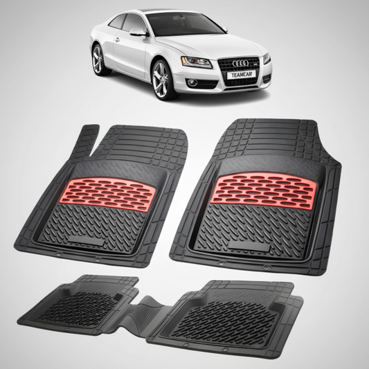 set de covorase din cauciuc negre cu accente rosii cu un audi a5 8t coupe argintiu in fundal