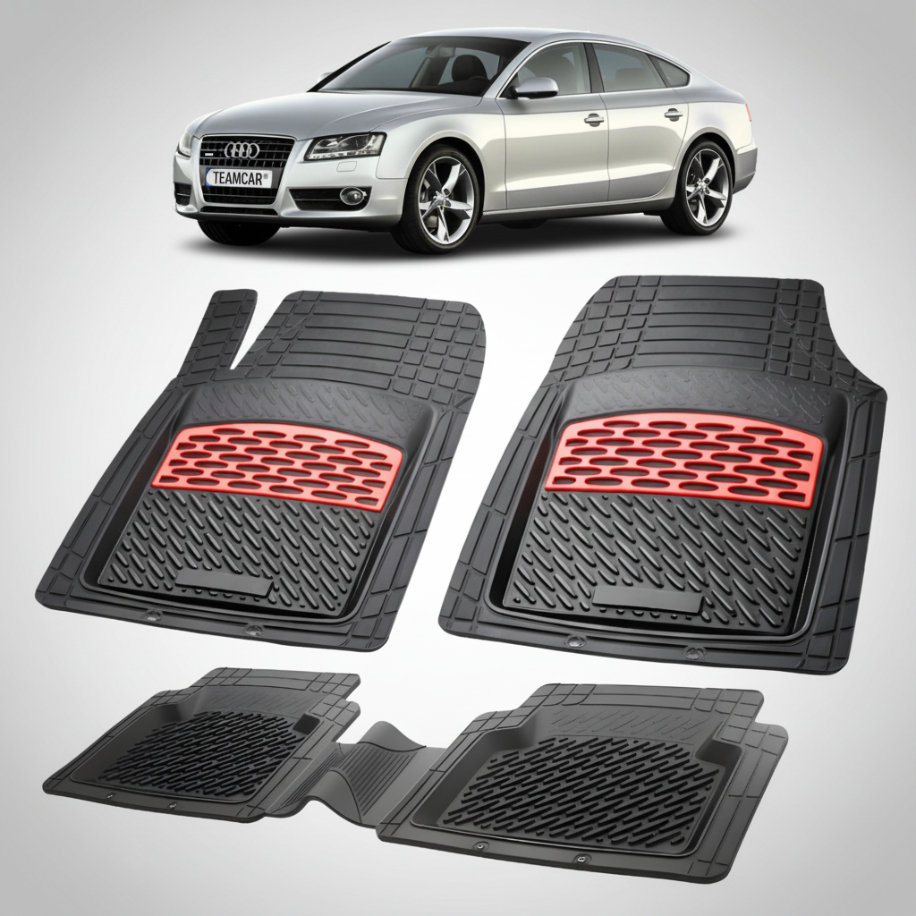 fekete gumiszőnyegek piros díszítéssel, szürke Audi A5 8T Sportback a háttérben