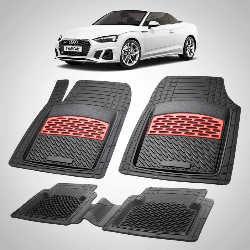set de covorase din cauciuc negre cu accente rosii cu un audi a5 f5 cabriolet alb in fundal
