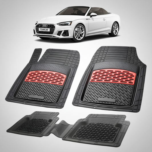 set de covorase din cauciuc negre cu accente rosii cu un audi a5 f5 cabriolet alb in fundal