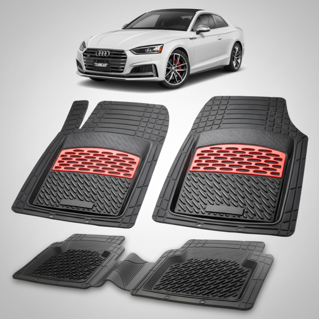set de covorase din cauciuc negre cu accente rosii cu un audi a5 f5 coupe alb in fundal