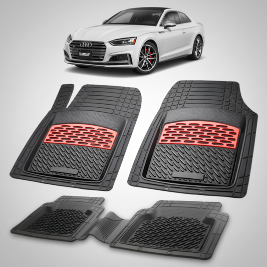 set de covorase din cauciuc negre cu accente rosii cu un audi a5 f5 coupe alb in fundal