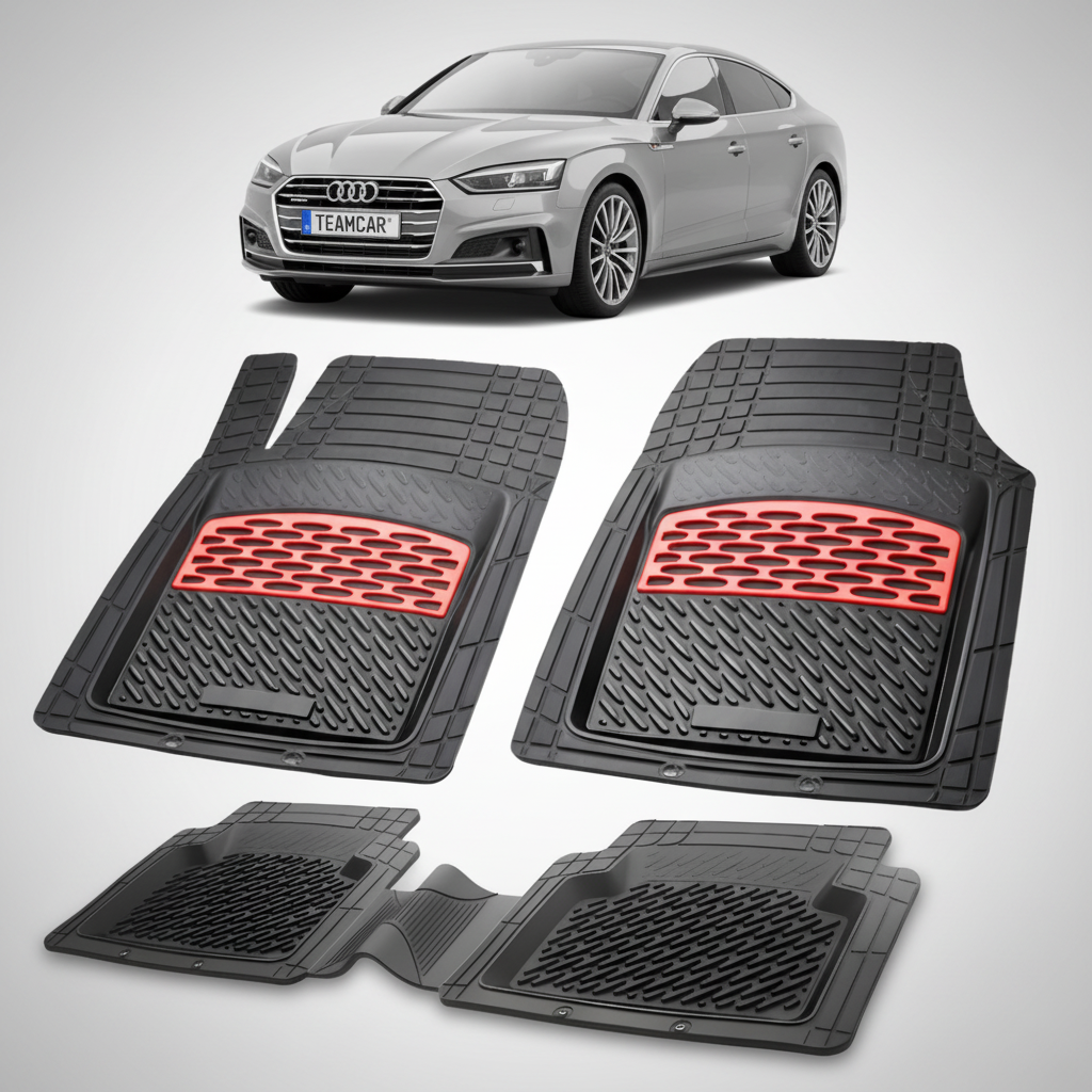 set de covorase din cauciuc negre cu accente rosii cu un audi a5 f5 sportback gri in fundal