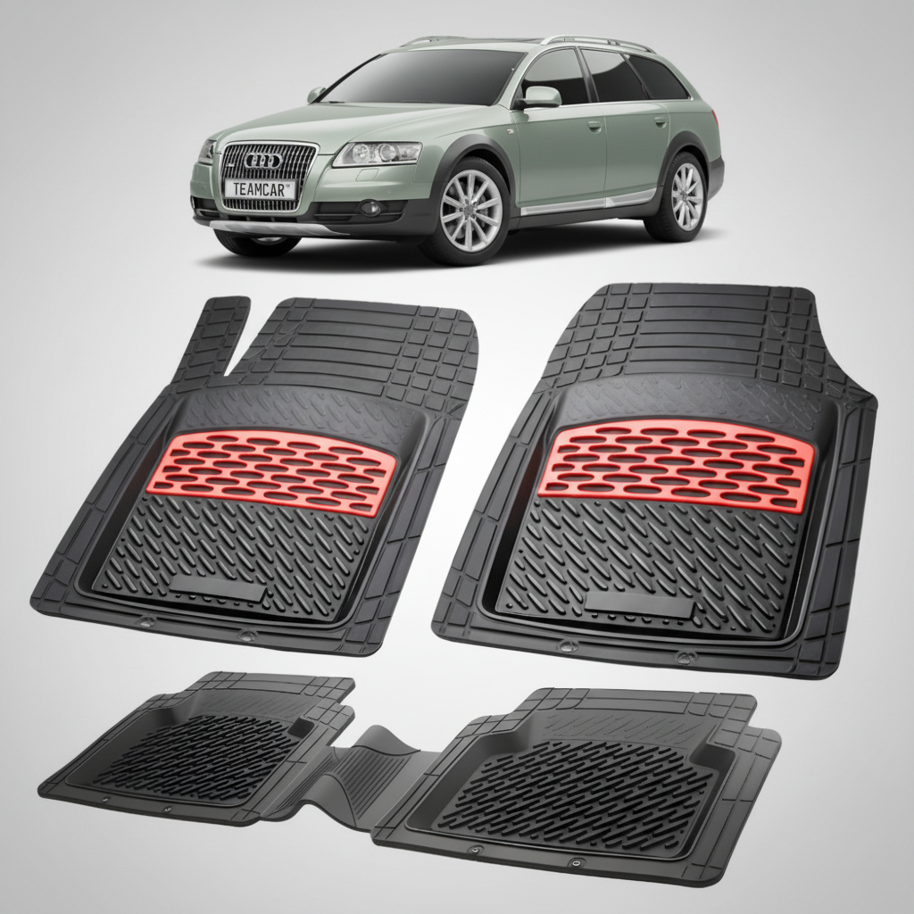 set de covorase din cauciuc negre cu accente rosii cu un audi A6 C6 allroad gri in fundal