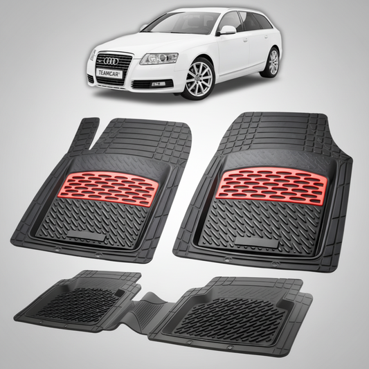 set de covorase din cauciuc negre cu accente rosii cu un audi a6 c6 avant alb in fundal