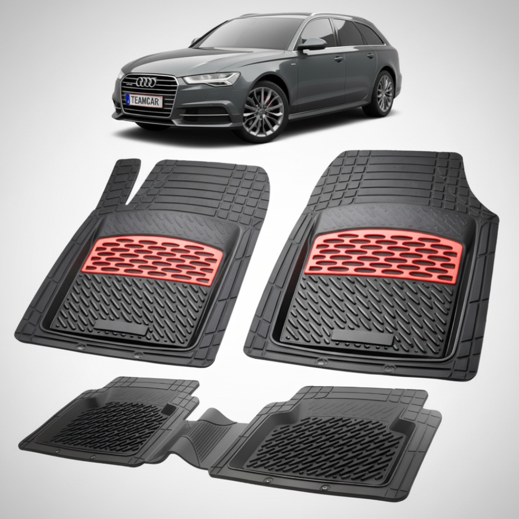 set de covorase din cauciuc negre cu accente rosii cu un audi a6 c7 allroad gri deschis in fundal