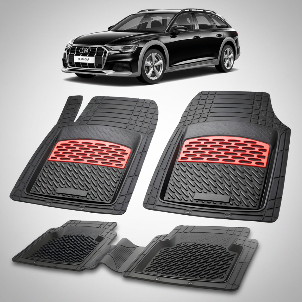 set de covorase din cauciuc negre cu accente rosii cu un audi a6 c8 allroad negru in fundal