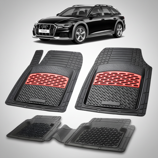 set de covorase din cauciuc negre cu accente rosii cu un audi a6 c8 allroad negru in fundal