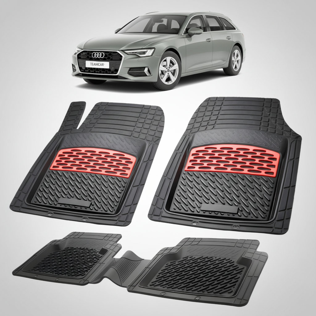 set de covorase din cauciuc negre cu accente rosii cu un audi a6 c8 avant break gri in fundal