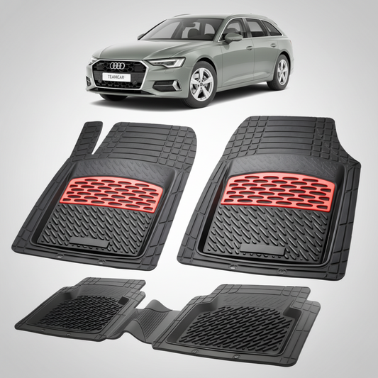 set de covorase din cauciuc negre cu accente rosii cu un audi a6 c8 avant break gri in fundal