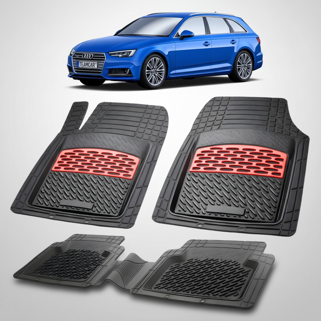 set de covorase din cauciuc negre cu accente rosii cu un audi a4 b9 avant break albastru in fundal