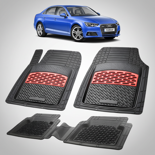 set de covorase din cauciuc negre cu accente rosii cu un audi a4 b9 sedan albastru in fundal