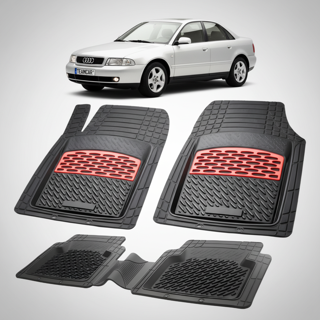set de covorase din cauciuc negre cu accente rosii cu un audi b5 a4 8d gri in fundal