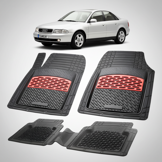 set de covorase din cauciuc negre cu accente rosii cu un audi b5 a4 8d gri in fundal
