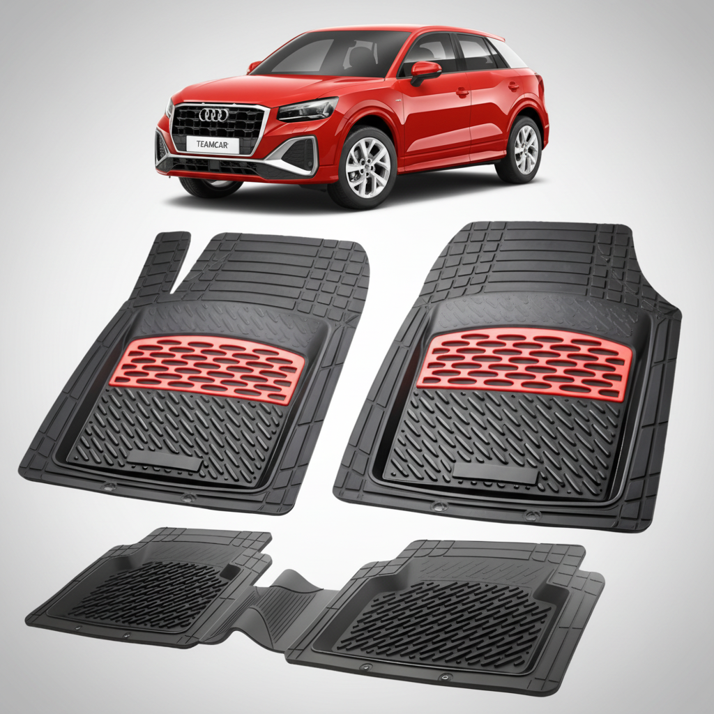 set de covorase din cauciuc negre cu accente rosii cu un audi Q2 GA suv rosu in fundal