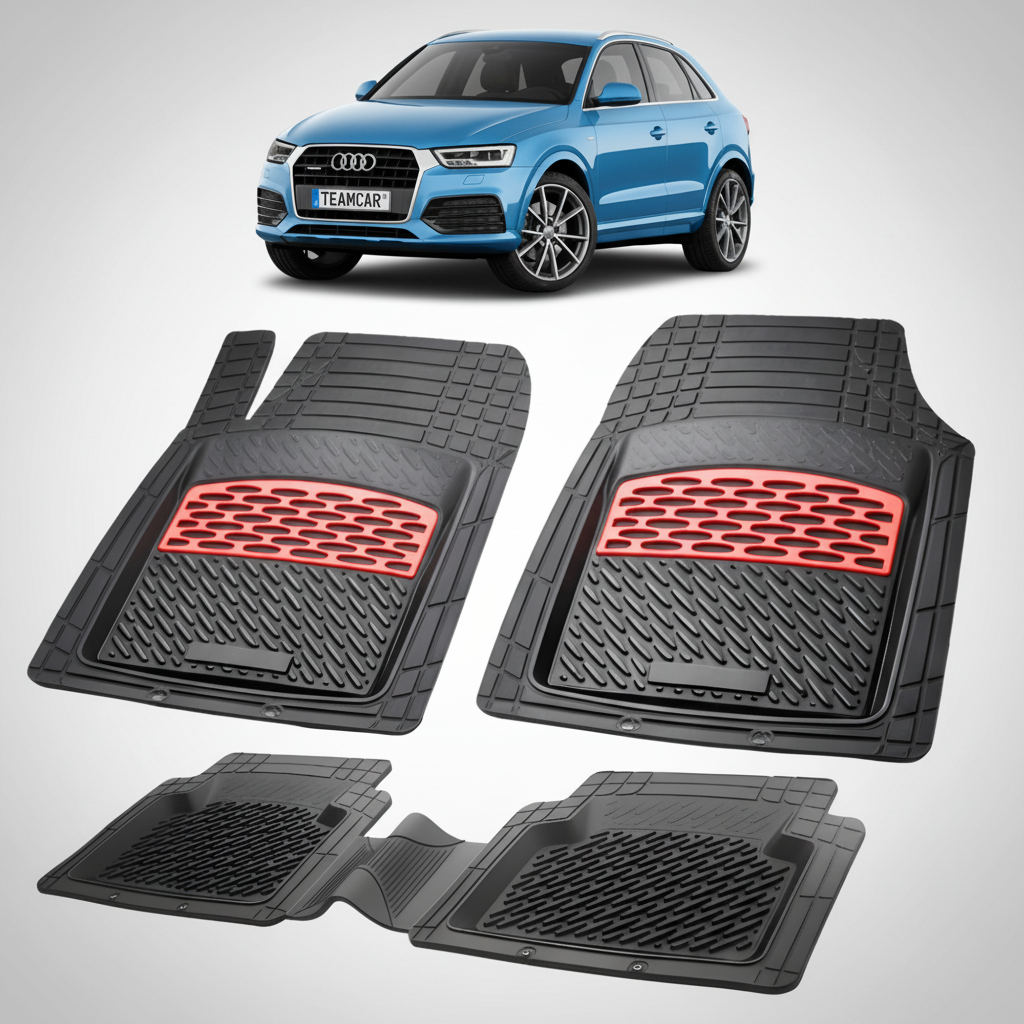 set de covorase din cauciuc negre cu accente rosii cu un audi q3 8u suv albastru in fundal