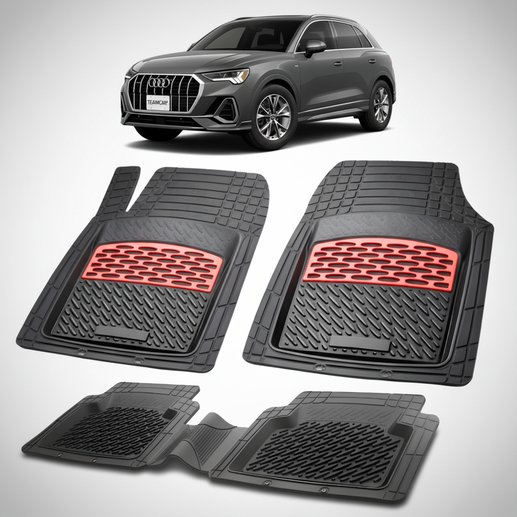 set de covorase din cauciuc negre cu accente rosii cu un audi q3 f3 suv gri inchis in fundal
