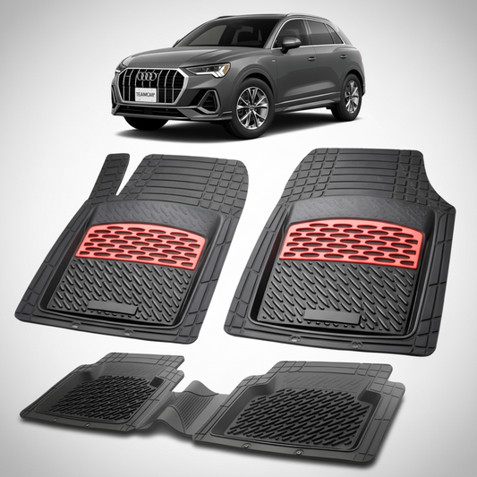 set de covorase din cauciuc negre cu accente rosii cu un audi q3 f3 suv gri inchis in fundal