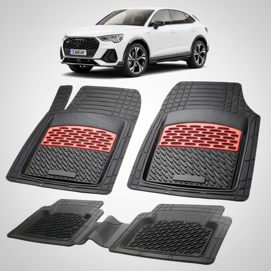 set de covorase din cauciuc negre cu accente rosii cu un audi q3 sportback f3 suv coupe alb in fundal