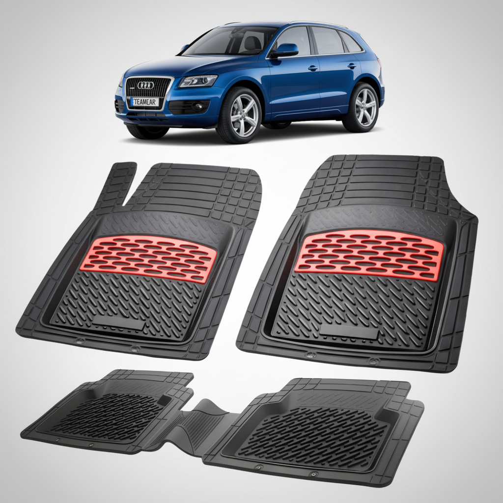 set de covorase din cauciuc negre cu accente rosii cu un audi q5 8r suv albastru in fundal