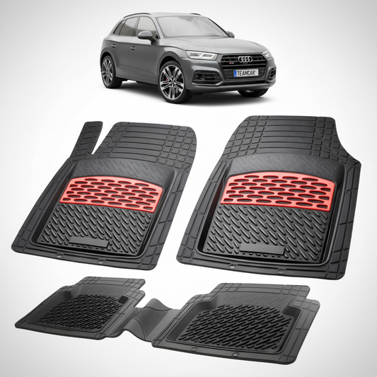 set de covorase din cauciuc negre cu accente rosii cu un audi q5 fy suv gri inchis in fundal