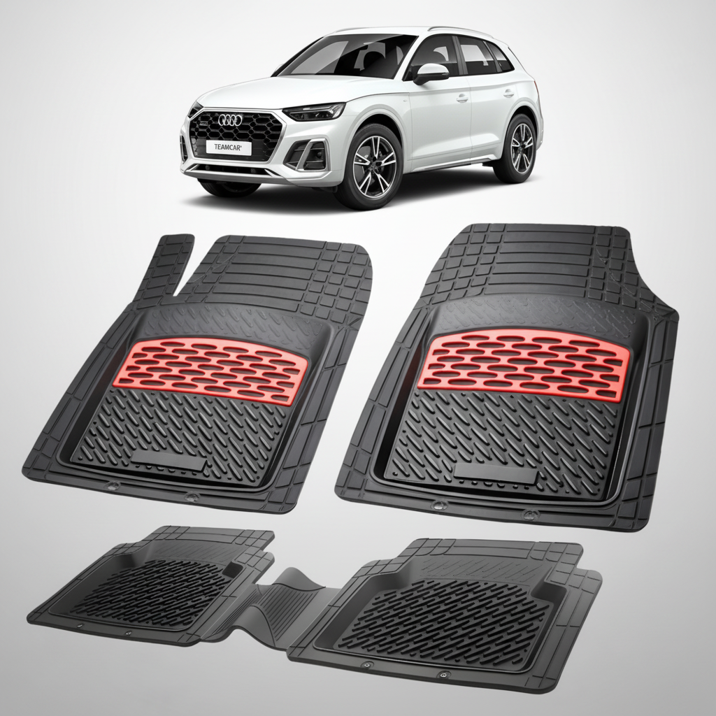 Fekete gumiszőnyegek piros díszítéssel, a háttérben egy fehér Audi Q5 Sportback FY SUV kupéval