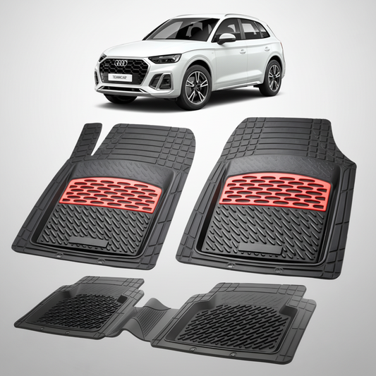set de covorase din cauciuc negre cu accente rosii cu un audi q5 sportback fy suv coupe alb in fundal